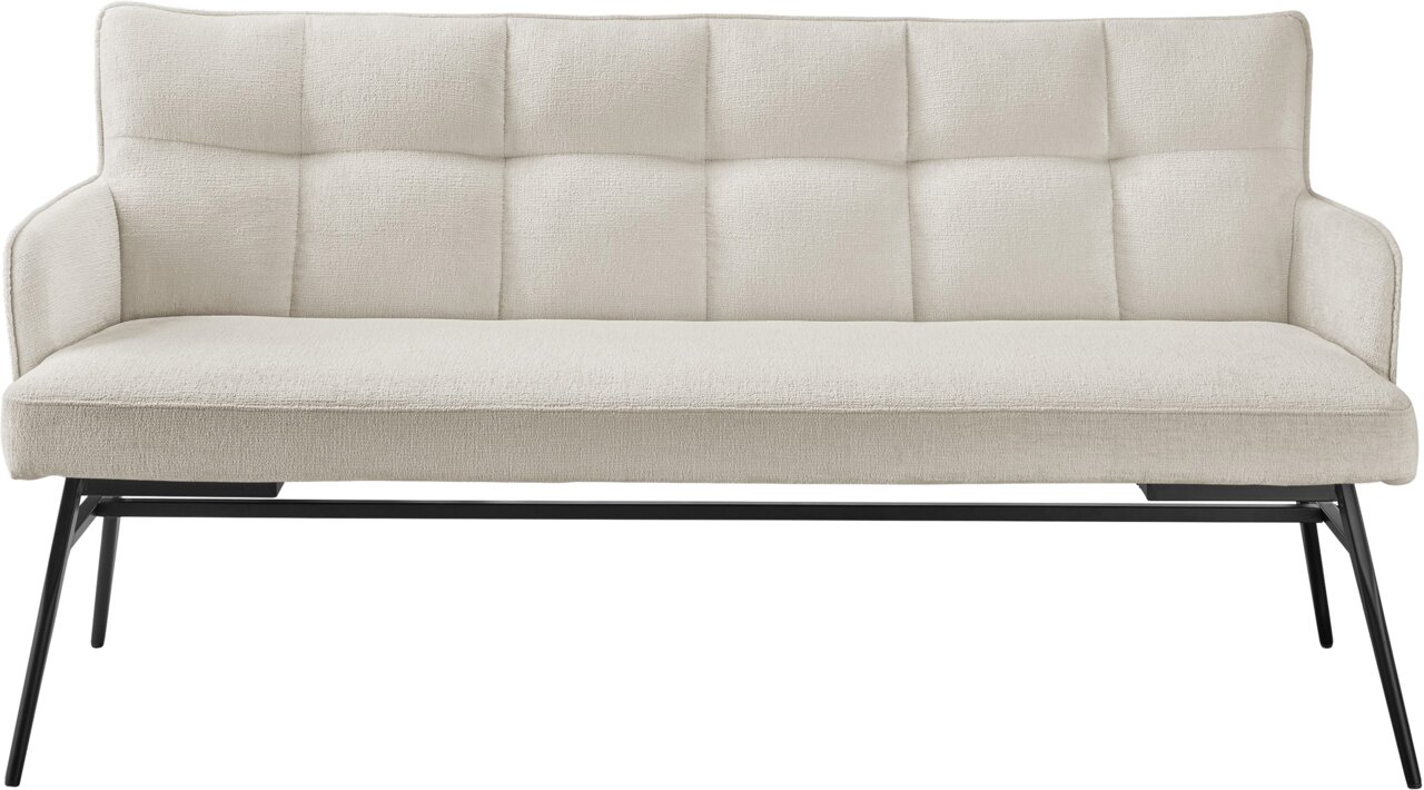 Beige Bank mit gepolsterter Rückenlehne und schwarzem Metallgestell, Frontalansicht