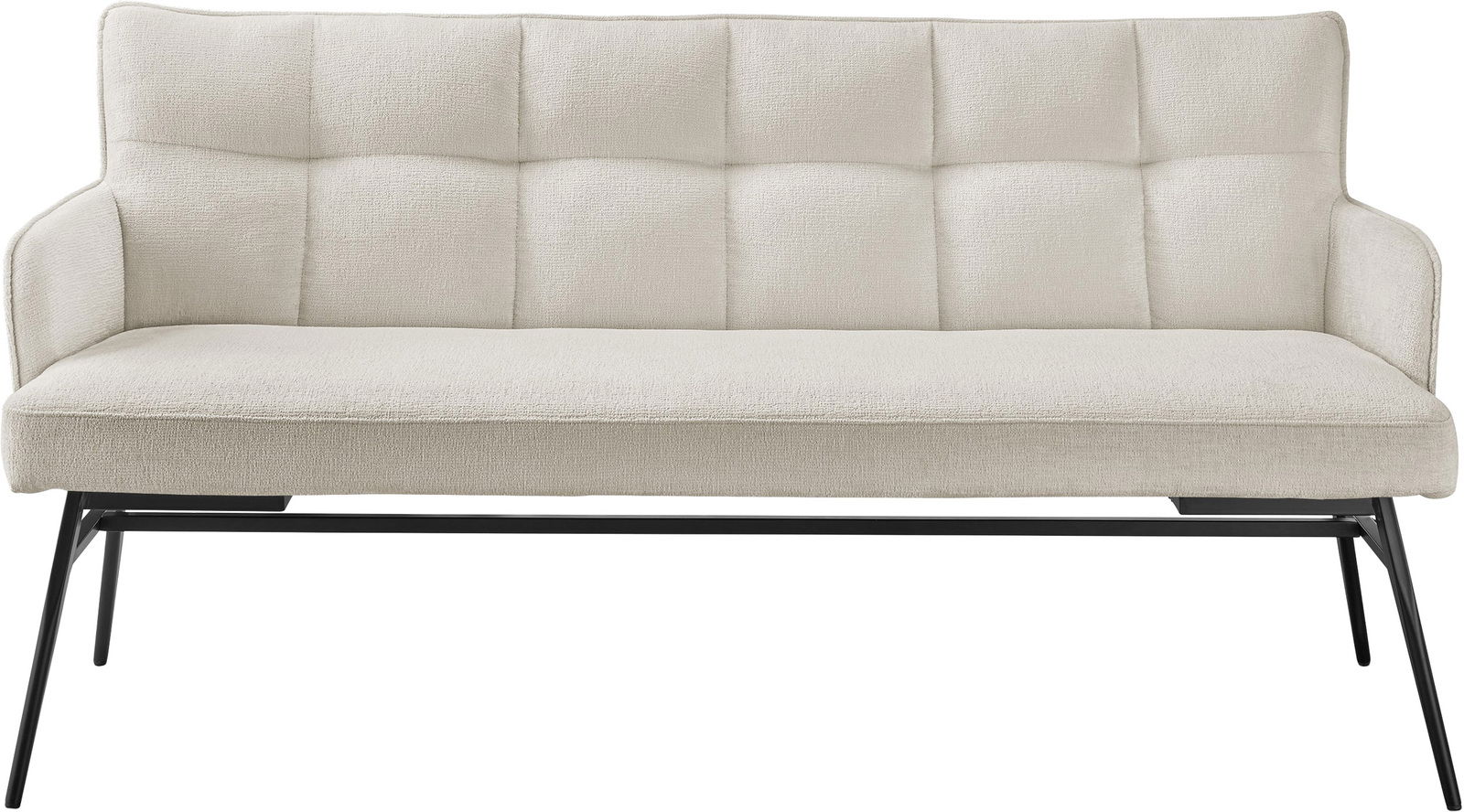 Beige Bank mit gepolsterter Rückenlehne und schwarzem Metallgestell, Frontalansicht