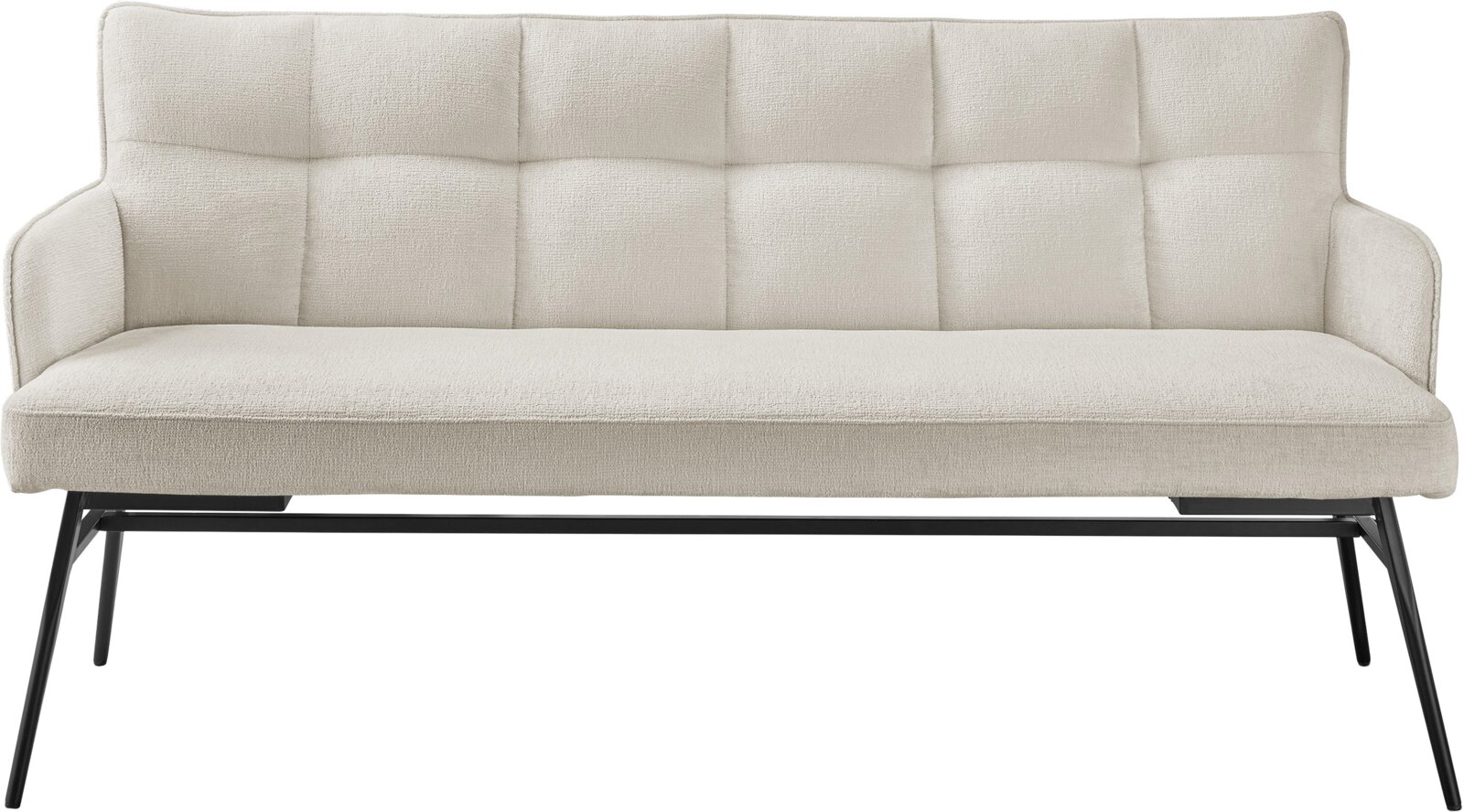 Beige bank met gestoffeerde rugleuning en zwart metalen frame, vooraanzicht