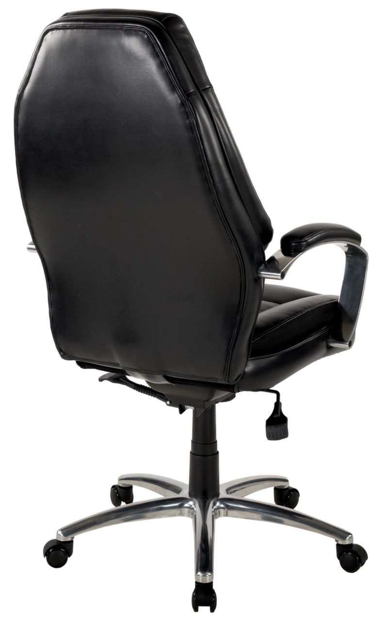 Rückansicht eines schwarzen Chefsessels mit Armlehnen und verchromtem Fußkreuz.
