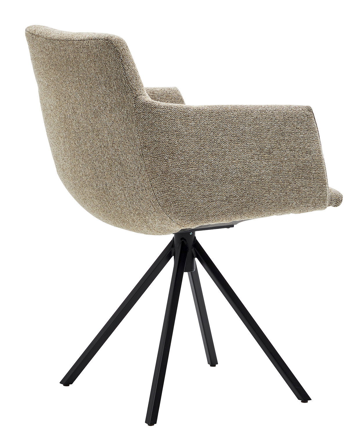 Moderner Sessel mit beigem Stoffbezug und schwarzem Metallgestell, seitliche Perspektive