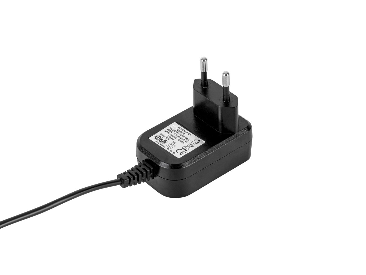 Schwarzes Netzteil mit Eurostecker, seitliche Perspektive
