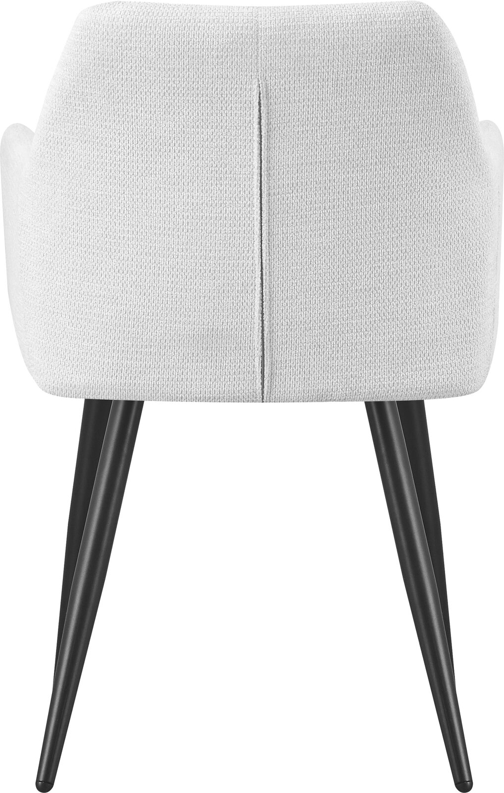 Rückansicht eines gepolsterten Stuhls mit hellbeigem Stoffbezug, mittlerer Rückennaht und schräg gestellten schwarzen Metallbeinen vor weißem Hintergrund