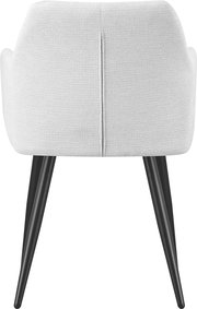 Rückansicht eines gepolsterten Stuhls mit hellbeigem Stoffbezug, mittlerer Rückennaht und schräg gestellten schwarzen Metallbeinen vor weißem Hintergrund