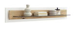 Wandboard mit Holz- und Glaselementen, dekoriert mit Büchern, einer Vase und einem Glasbehälter, seitliche Perspektive