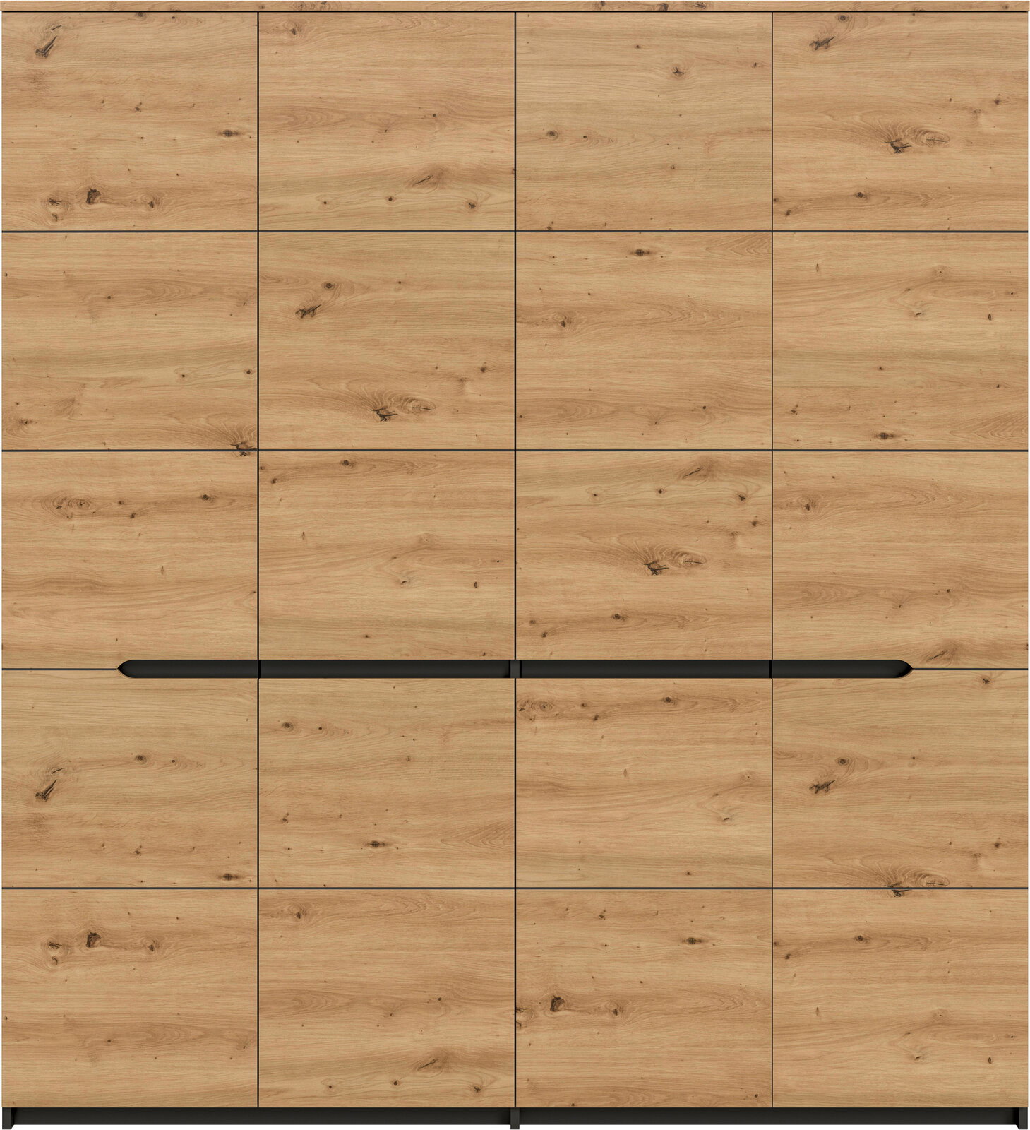 Frontansicht einer großen Holzkommode/Sideboard mit natürlicher Eichenoptik, sichtbarer Maserung und Astlöchern, mehreren Schubladen/Fronten im Raster und langen schwarzen Griffleisten in der Mitte.