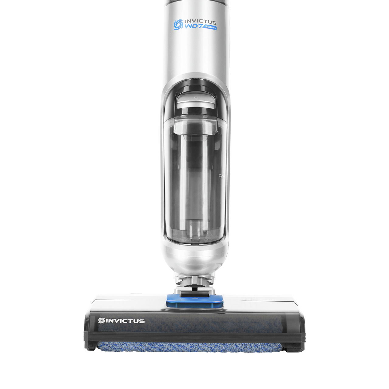 Frontansicht des Invictus WD7 Staubsaugers mit transparentem Behälter und blauer Reinigungsbürste.