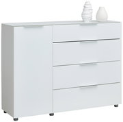 Weiße Kombikommode mit vier Schubladen und einer Tür, seitliche Perspektive, dekoriert mit zwei weißen Vasen auf der Oberseite.