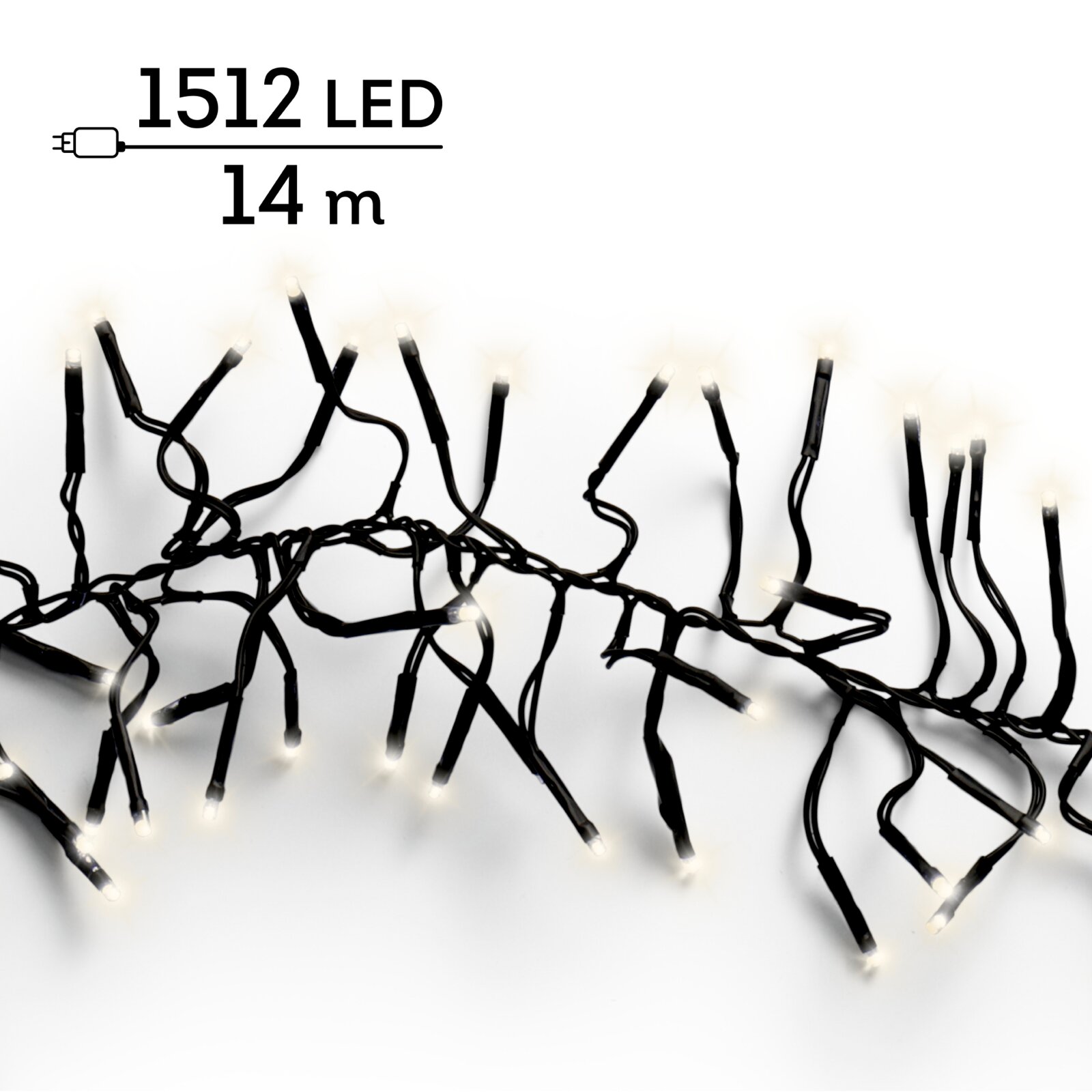 Bovenaanzicht van een 14 meter lange lichtslinger met zwart snoer en 1512 warmwitte leds