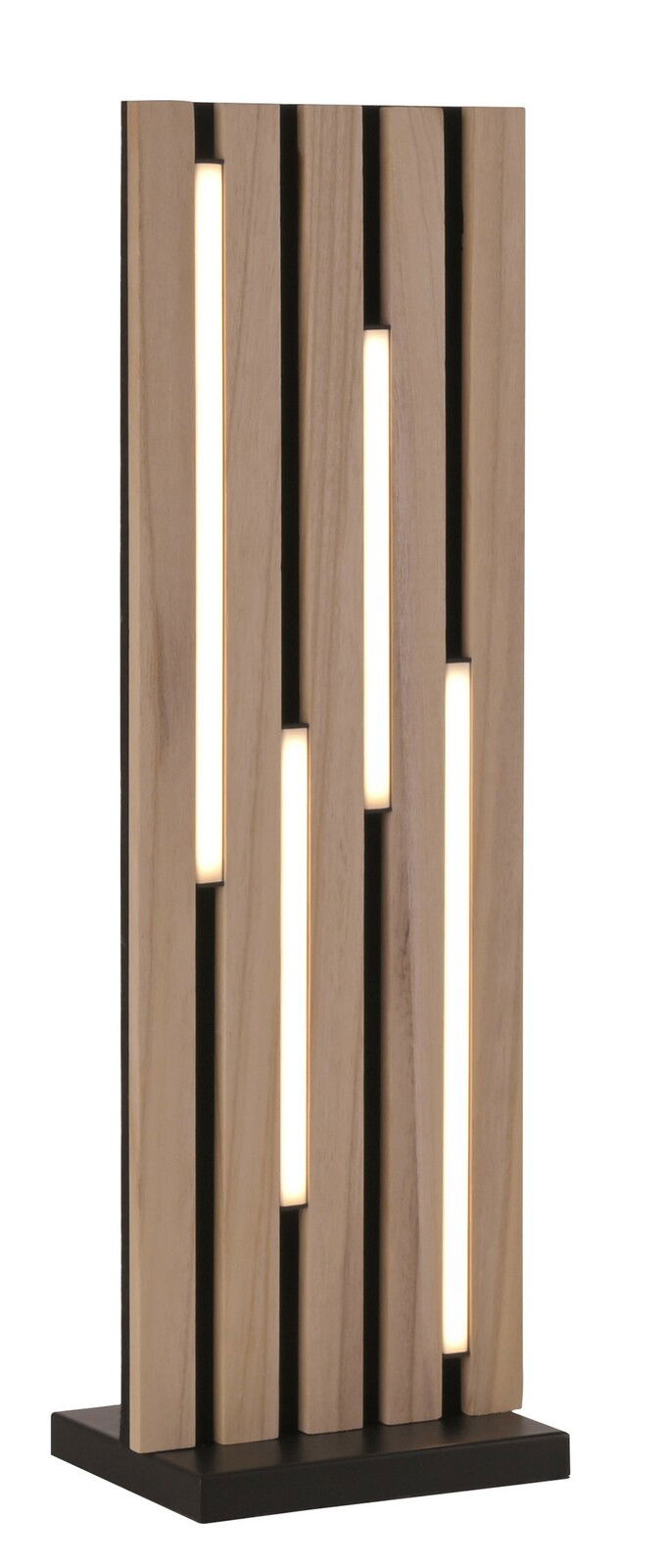 LED-Tischleuchte mit vertikalen Holzstreifen und integrierten Leuchtstreifen, seitliche Perspektive