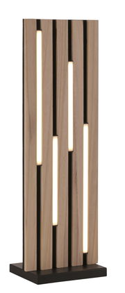 LED-Tischleuchte mit vertikalen Holzstreifen und integrierten Leuchtstreifen, seitliche Perspektive