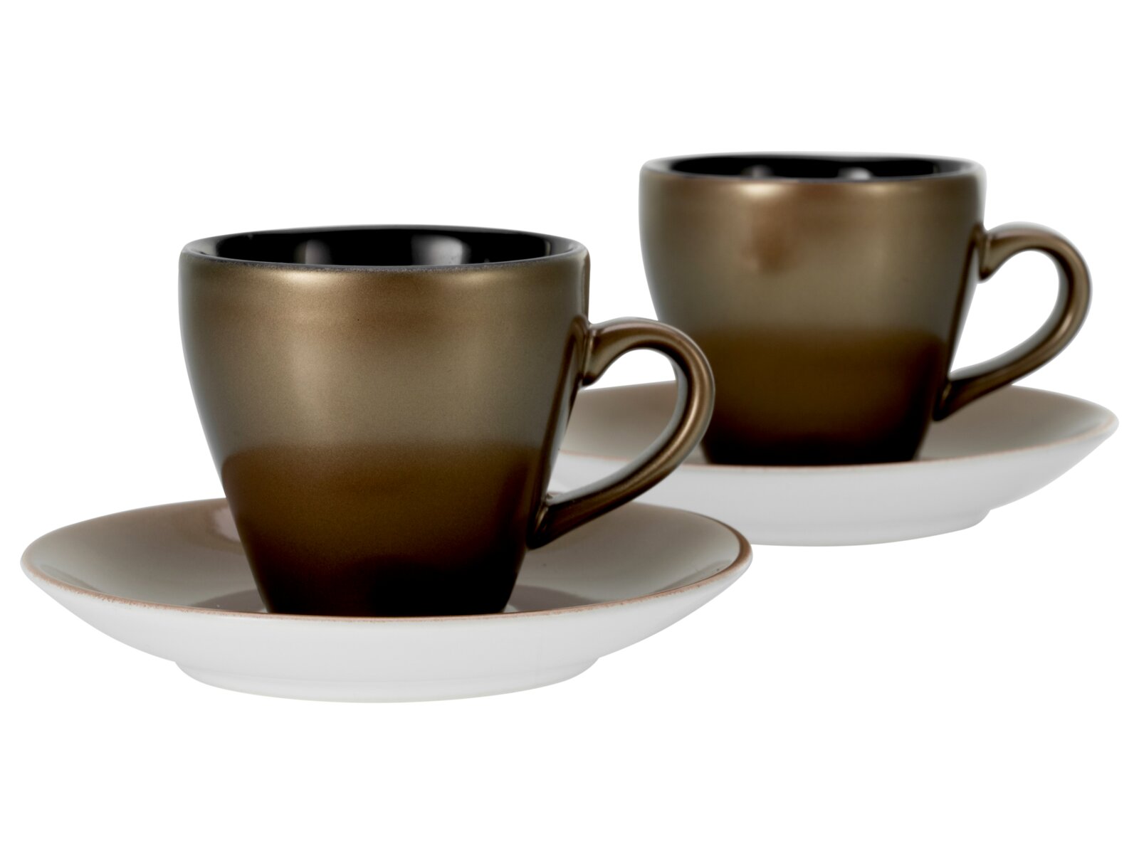 Creatable Espressoset 4-tlg GOLDEN DAYS Zwei braun-goldene Kaffeetassen mit Henkel auf weißen Untertassen, Studioaufnahme in leicht schräger Frontansicht (3/4-Perspektive) vor weißem Hintergrund