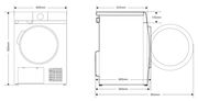 Technische Zeichnung eines Stand-Wärmepumpentrockners mit Front- und Seitenansicht, Maße: 850mm Höhe, 600mm Breite, 560mm Tiefe, Türöffnung 135mm.