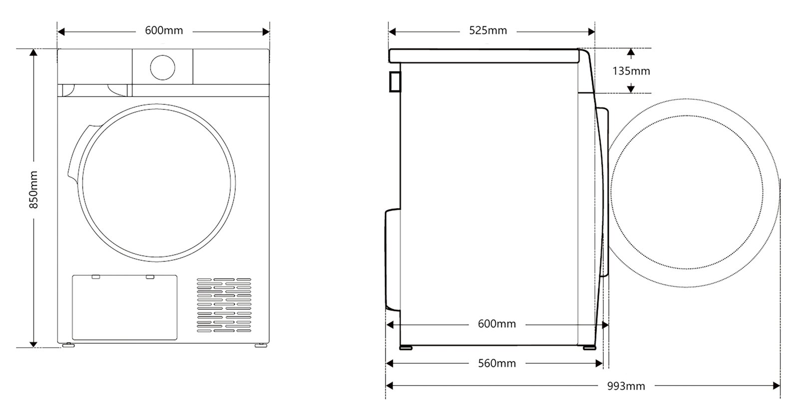 Technische Zeichnung eines Stand-Wärmepumpentrockners mit Front- und Seitenansicht, Maße: 850mm Höhe, 600mm Breite, 560mm Tiefe, Türöffnung 135mm.