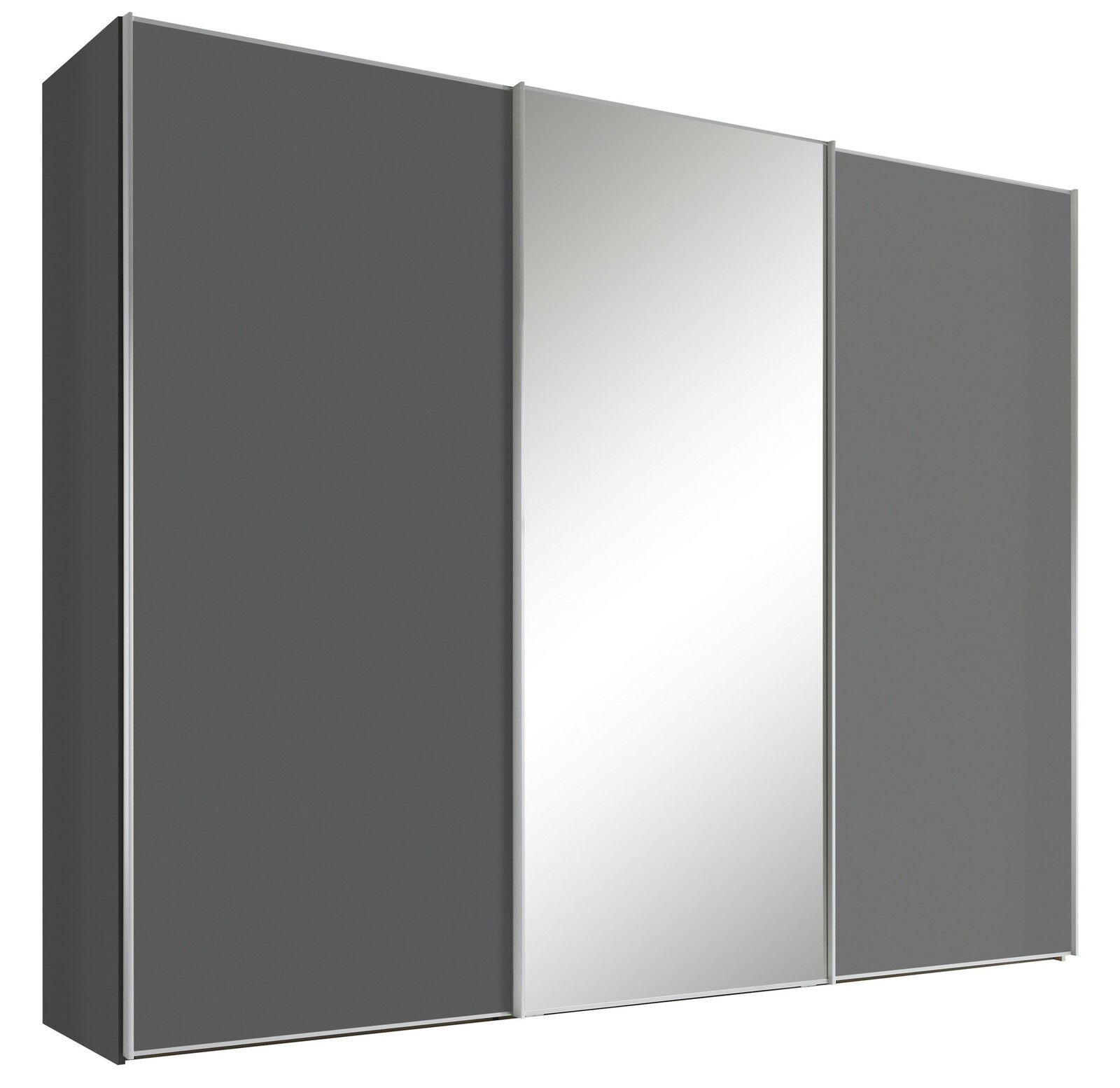 Schwebetürenschrank mit drei Türen, mittlere Tür mit Spiegel, seitliche Perspektive