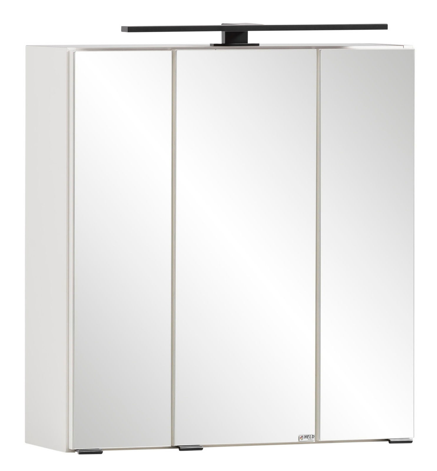 Moderner Spiegelschrank mit drei Türen und integrierter Beleuchtung, Frontalansicht