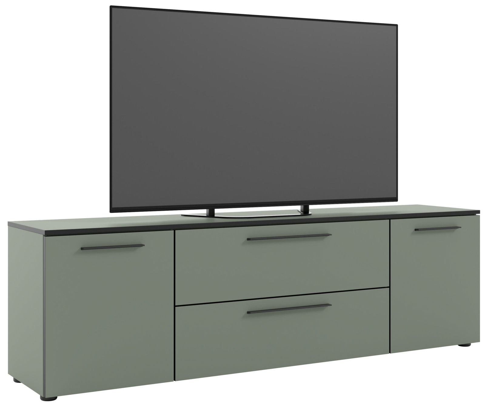 TV-Lowboard in modernem Design mit zwei Türen und zwei Schubladen, seitliche Perspektive