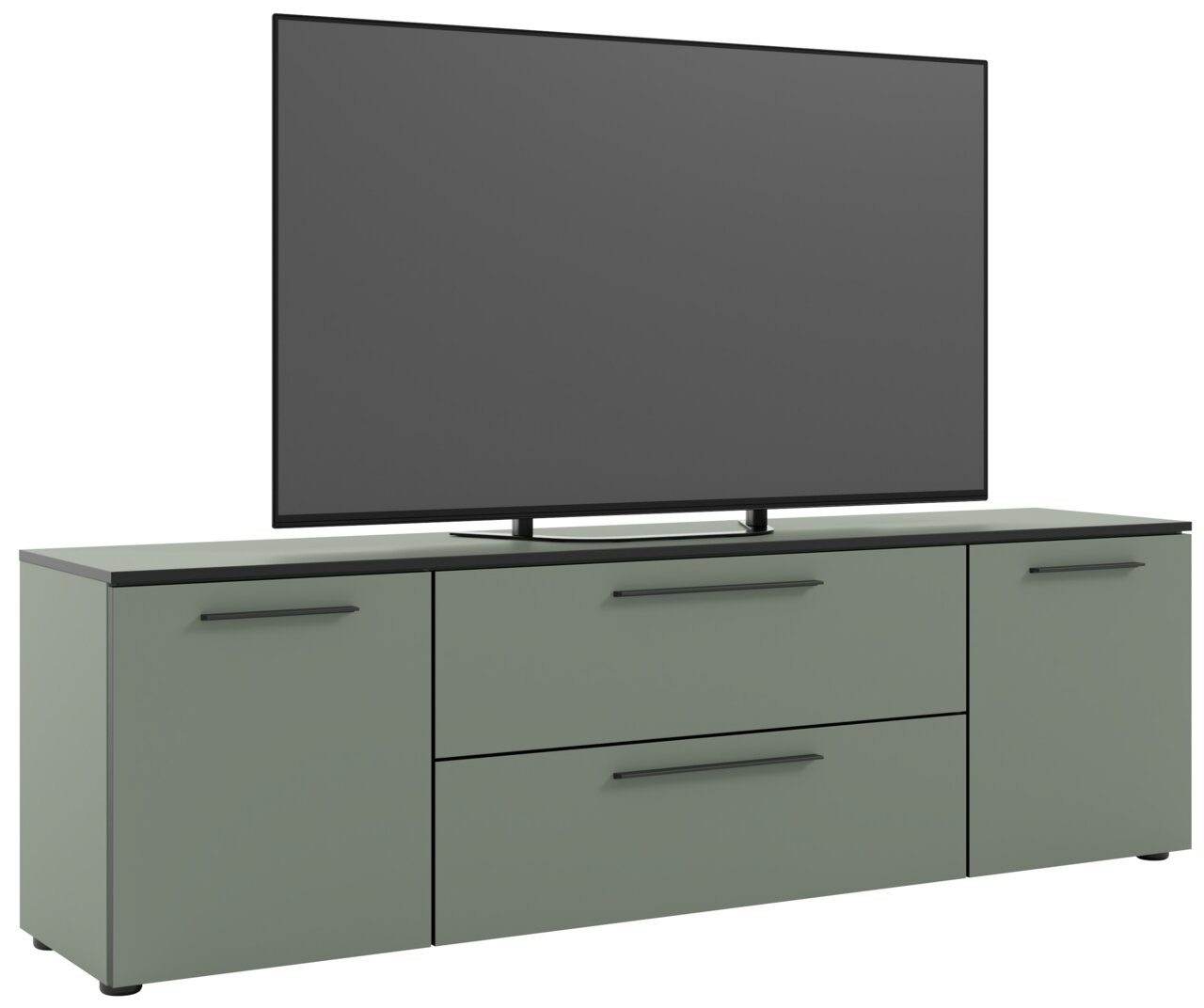 TV-Lowboard in modernem Design mit zwei Türen und zwei Schubladen, seitliche Perspektive