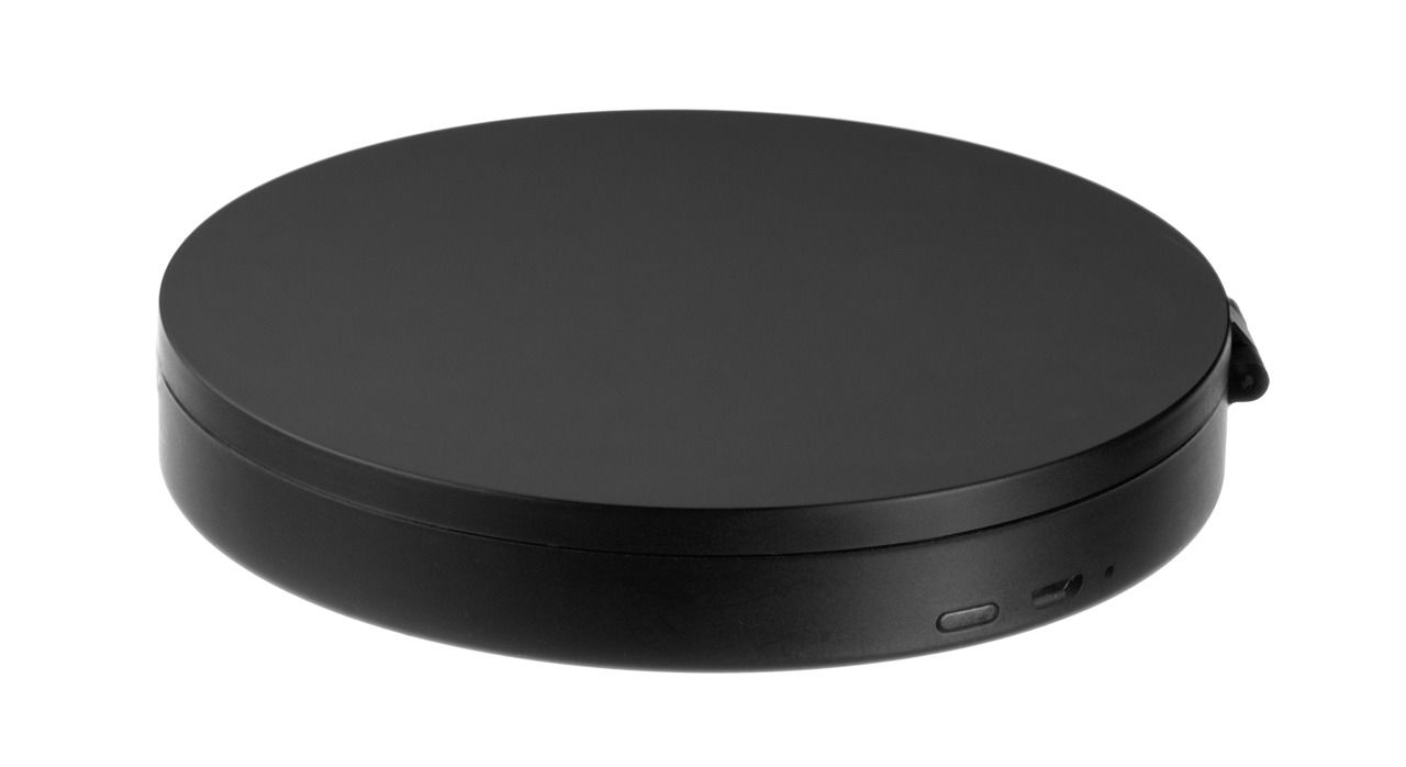 Schwarzer Reise-Kosmetikspiegel in runder Form, seitliche Perspektive