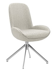 Moderner Stuhl mit hellgrauem Stoffbezug und metallischen Beinen, seitliche Perspektive