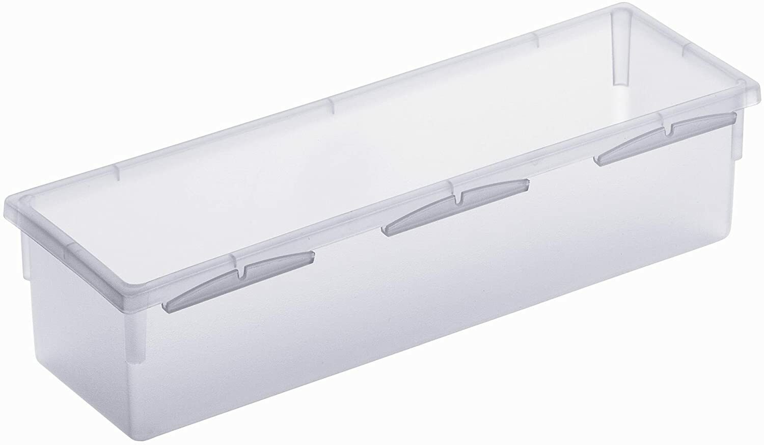 Transparente Kunststoffbox, rechteckig, mit Deckel, seitliche Perspektive