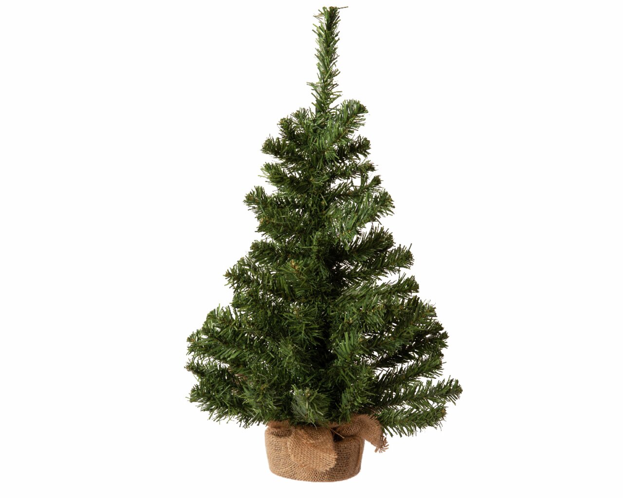 Everlands Mini-kerstboom met versieringen Künstlicher Minibaum in Frontalansicht mit grünem Nadelwerk und einem Jutesack als Basis.