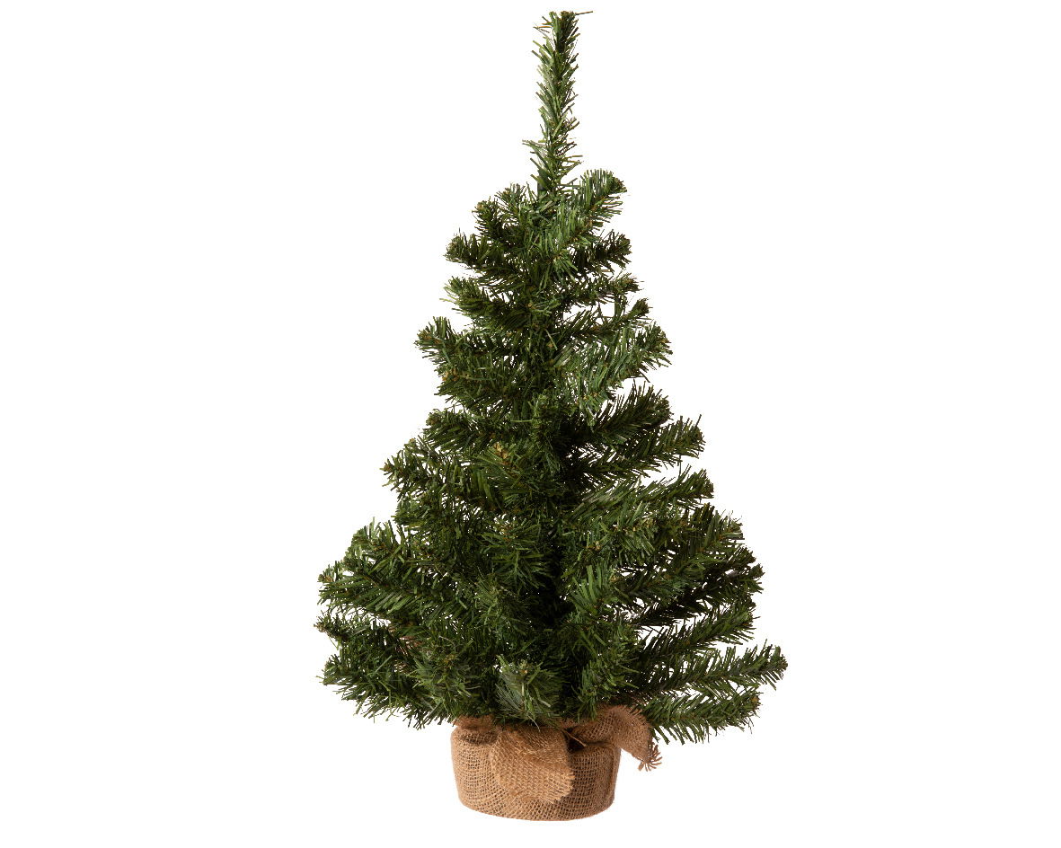 Künstlicher Minibaum in Frontalansicht mit grünem Nadelwerk und einem Jutesack als Basis.