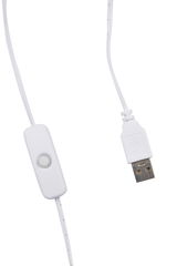 Nahaufnahme eines weißen USB-Kabels mit Schalter, perspektivisch von oben fotografiert.
