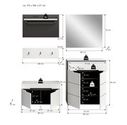 Maßgrafik eines weißen Badmöbel-Sets (Waschbeckenunterschrank, Hochschrank, Spiegel und Wandgarderobe) mit eingezeichneten Abmessungen und Belastungsangaben, dargestellt in Front- und Seitenansicht.