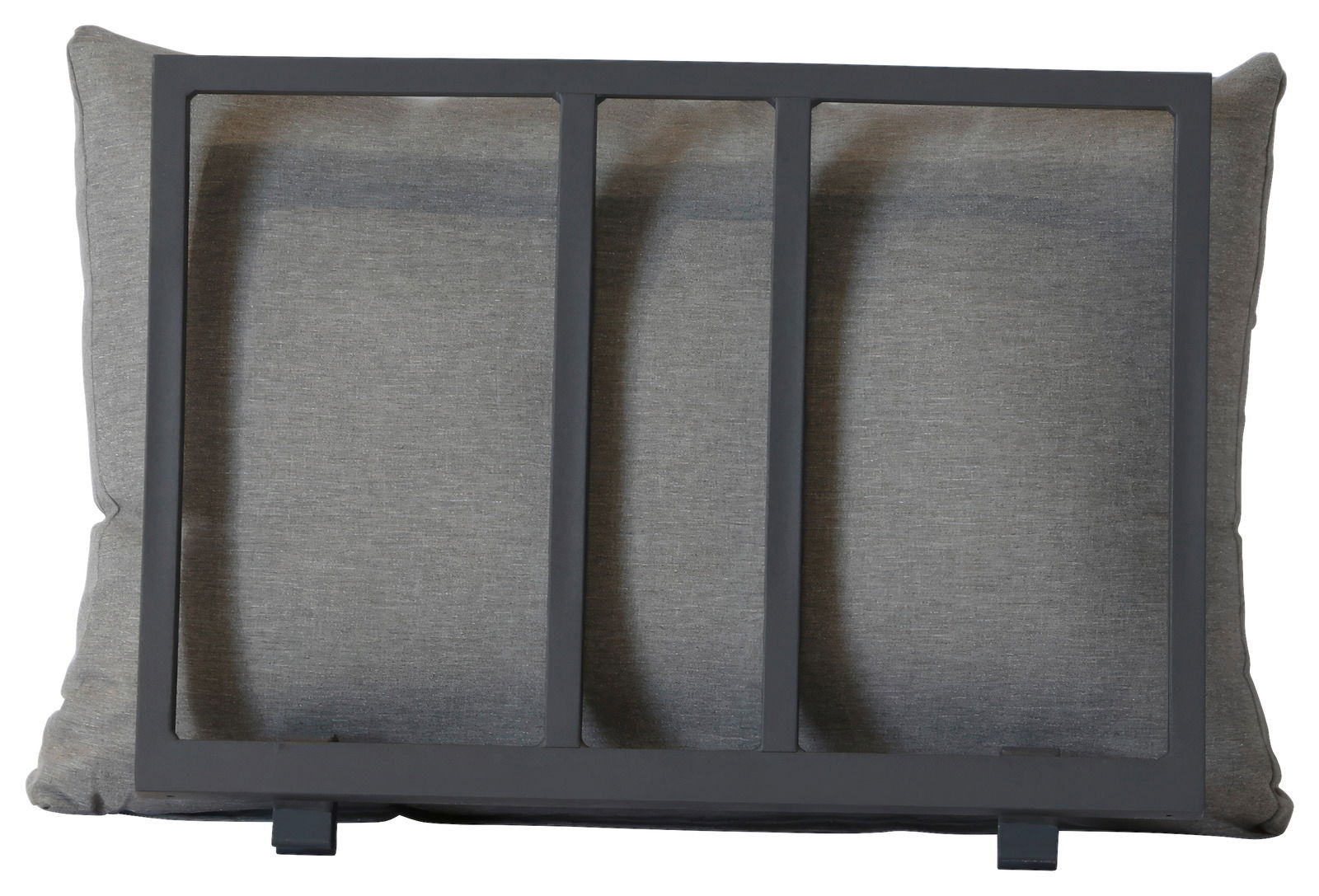 Rückenlehne mit Kissen, Vorderansicht, graues Kissen mit schwarzem Metallrahmen