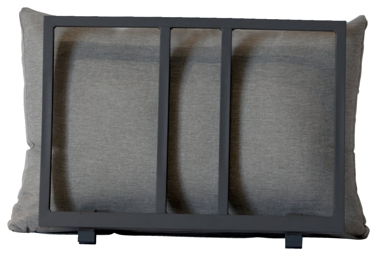 Rückenlehne mit Kissen, Vorderansicht, graues Kissen mit schwarzem Metallrahmen