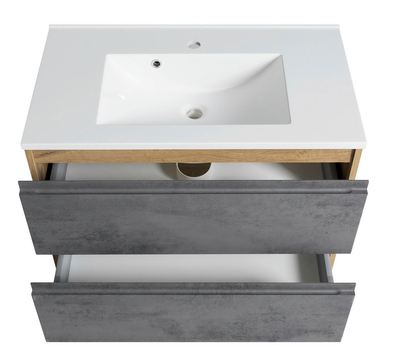 Waschtisch-Set 80 cm mit weißem Waschbecken und grauen Schubladen, Ansicht von oben