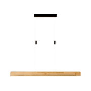 Moderne LED-Pendelleuchte aus Holz, hängend an zwei Kabeln, frontal betrachtet.