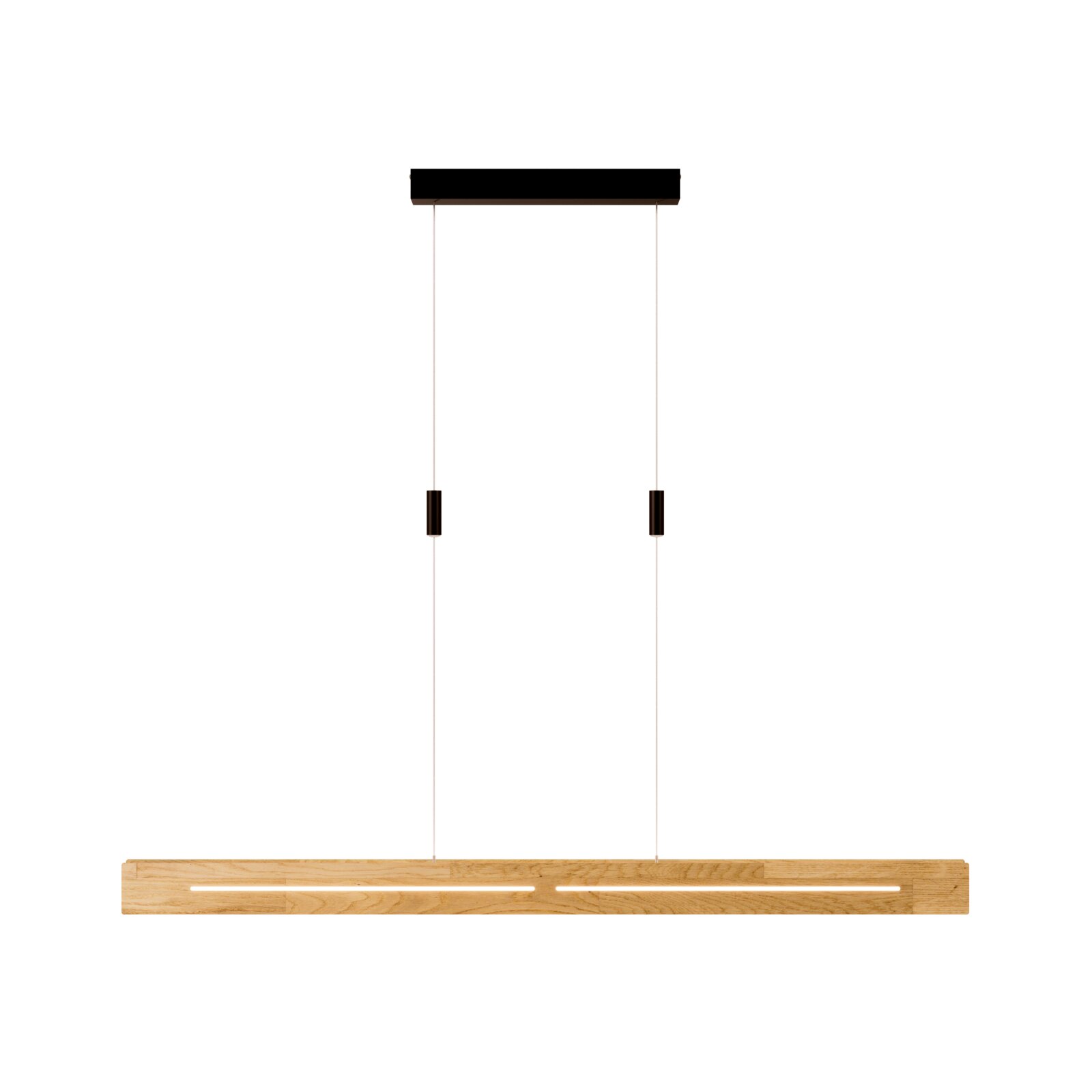 Moderne LED-Pendelleuchte aus Holz, hängend an zwei Kabeln, frontal betrachtet.
