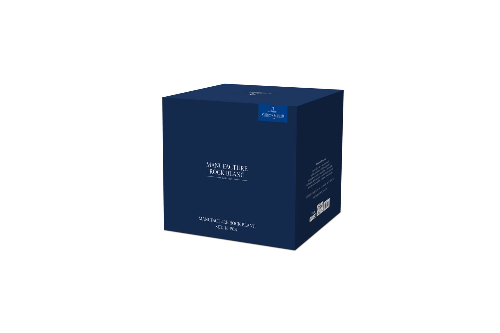 Verpackung des 16-teiligen Tafelservice 'Manufacture Rock Blanc' von schräg vorne