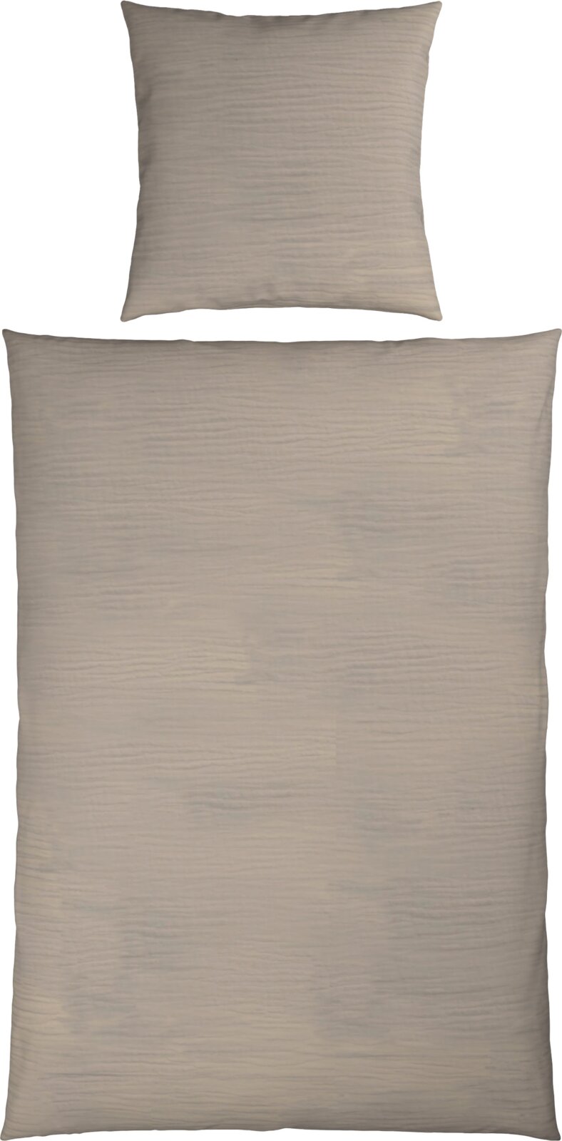 Beige Bettwäsche-Set mit dezentem Streifenmuster, bestehend aus Kissenbezug und Bettbezug, freigestellt auf weißem Hintergrund, Ansicht von oben (Frontansicht).