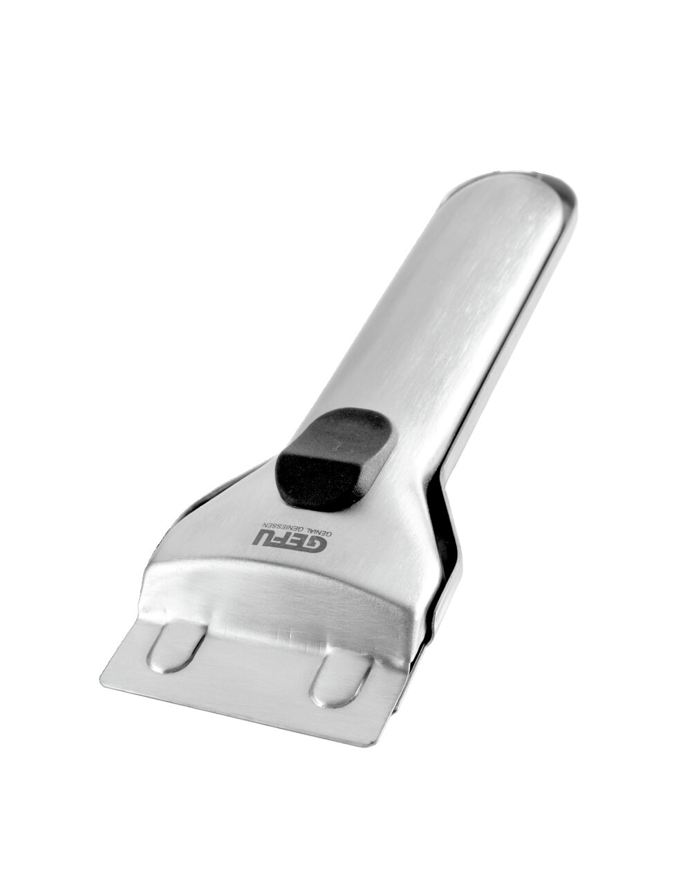 Glaskochfeldschaber aus Edelstahl in schräger Perspektive