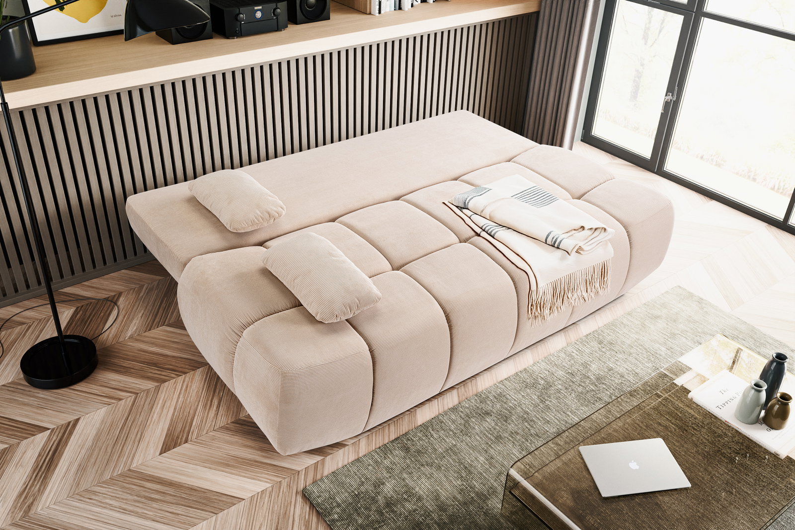 Schlafsofa 2-Sitzer in beige, von oben fotografiert, mit Kissen und Decke dekoriert, in einem modernen Wohnzimmer.