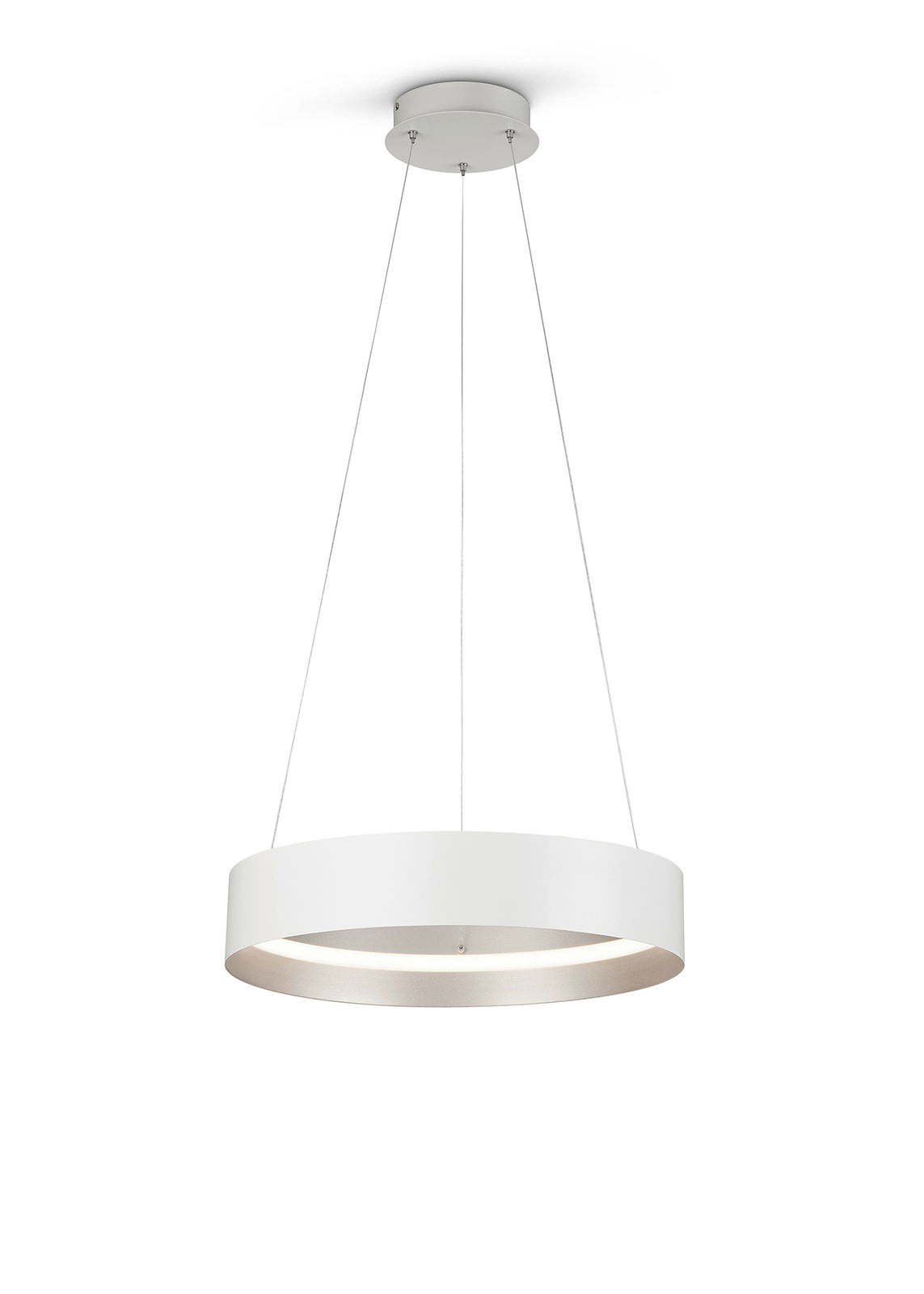 Moderne, weiße Pendelleuchte LOOP von Musterring, von unten betrachtet, mit kreisförmigem Design und schlanken Aufhängungen.