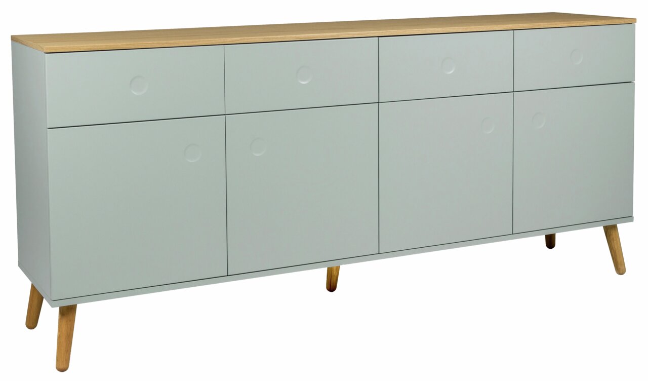 Moderne Kommode mit grauen Fronten und Holzbeinen, seitliche Perspektive