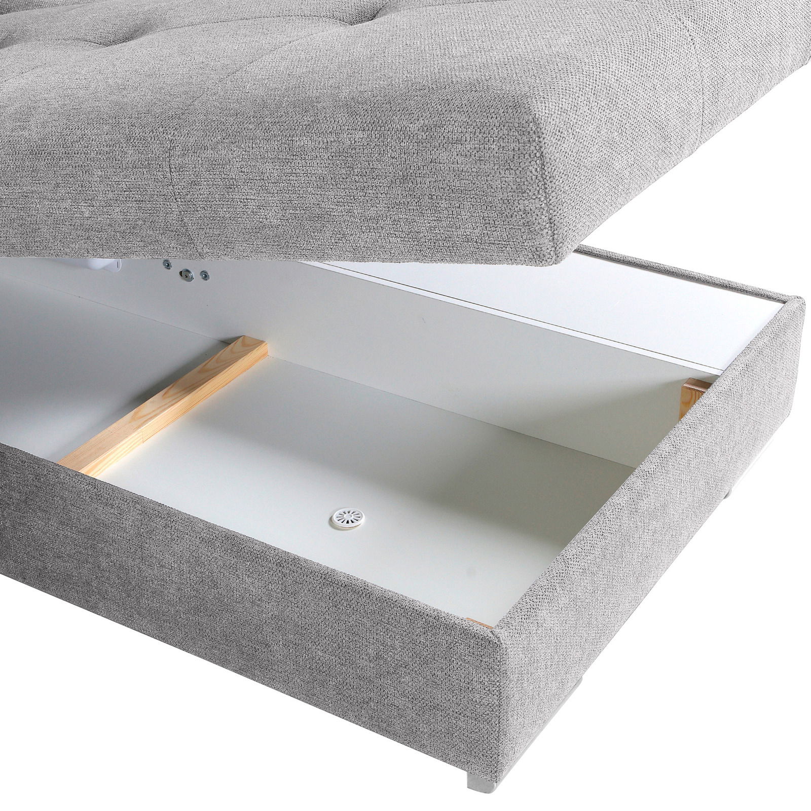 Graues Polstermöbel mit geöffneter Aufbewahrungsschublade, seitliche Perspektive