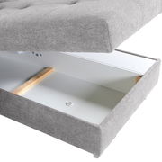 Graues Polstermöbel mit geöffneter Aufbewahrungsschublade, seitliche Perspektive