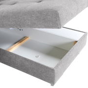 Graues Polstermöbel mit geöffneter Aufbewahrungsschublade, seitliche Perspektive