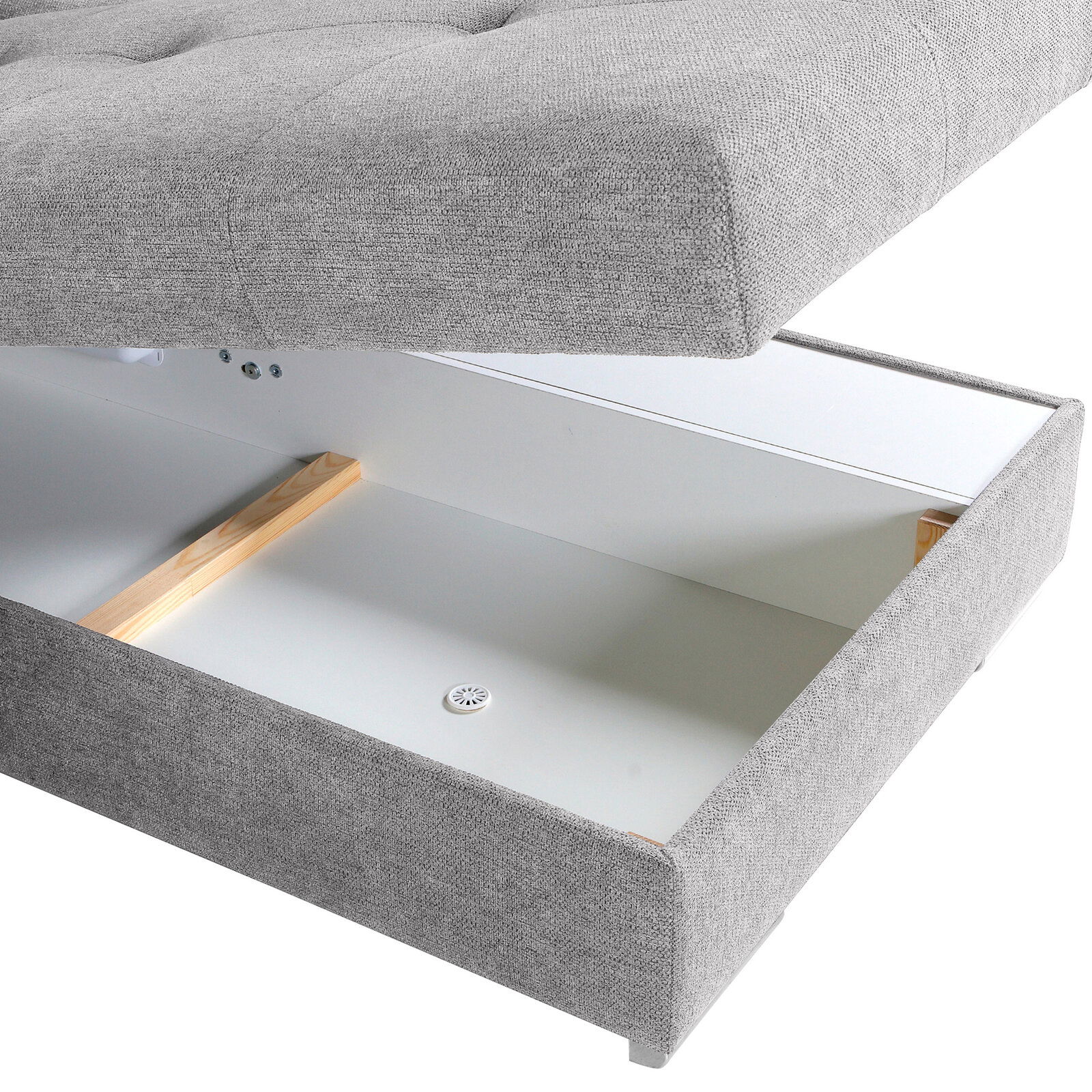 Graues Polstermöbel mit geöffneter Aufbewahrungsschublade, seitliche Perspektive