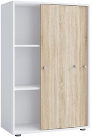 Weißer Aktenschrank mit Regalfächern und Holzdekor-Schiebetür, teils geöffnet, Frontansicht in leichter Schrägperspektive