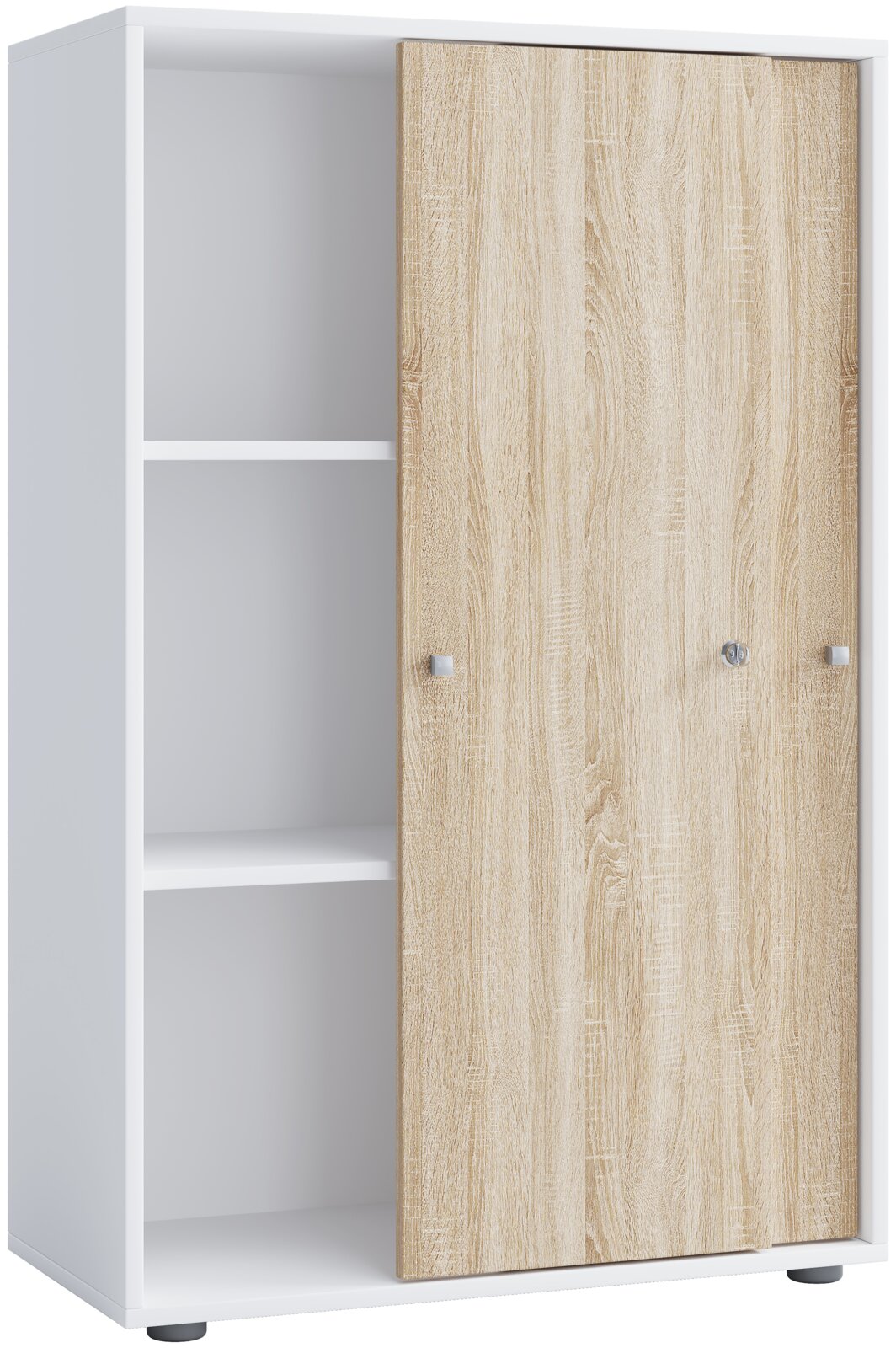 Weißer Aktenschrank mit Regalfächern und Holzdekor-Schiebetür, teils geöffnet, Frontansicht in leichter Schrägperspektive