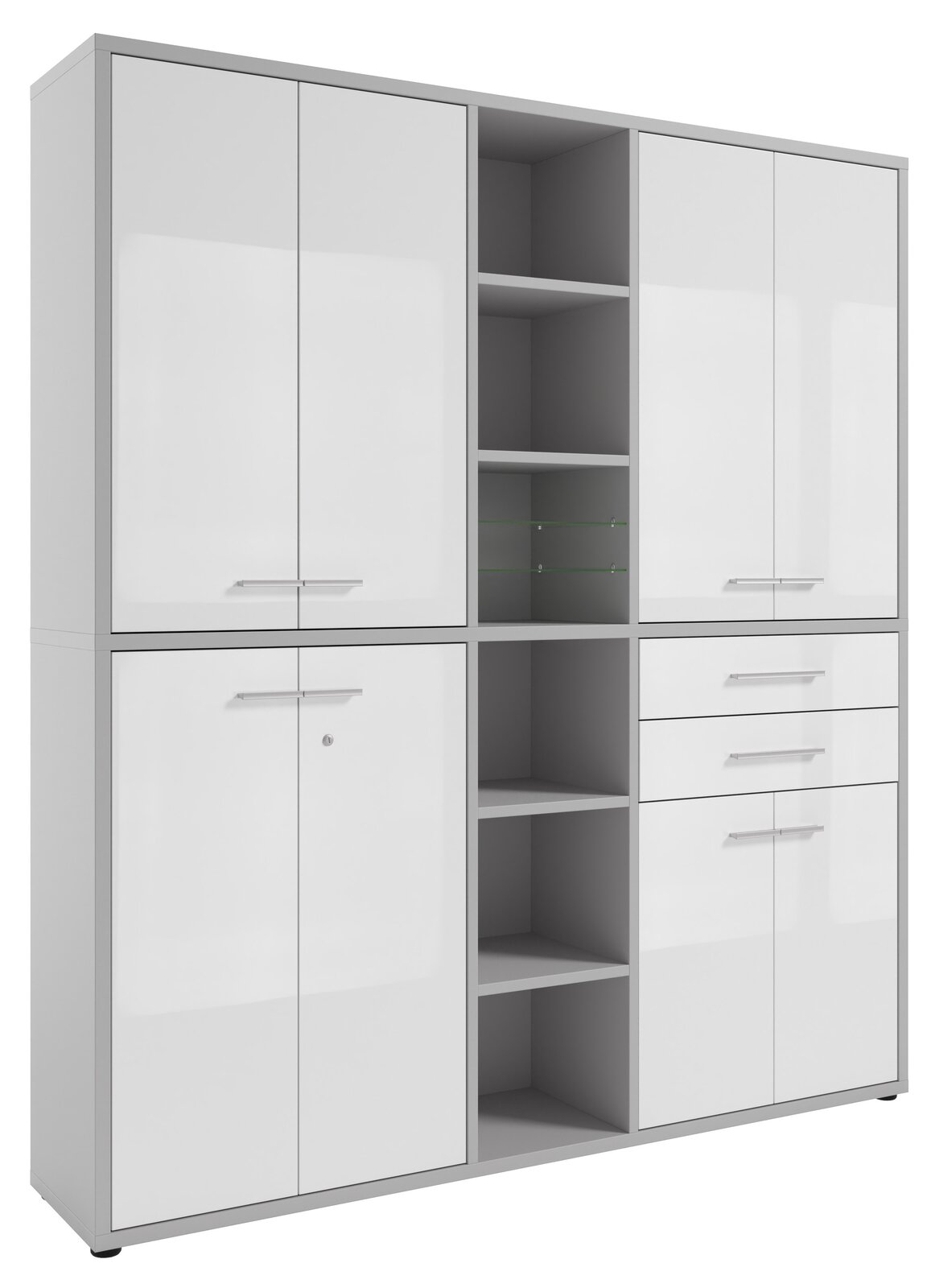 Hochglänzender weißer Aktenschrank mit mehreren Türen und offenen Regalfächern, frontal betrachtet.