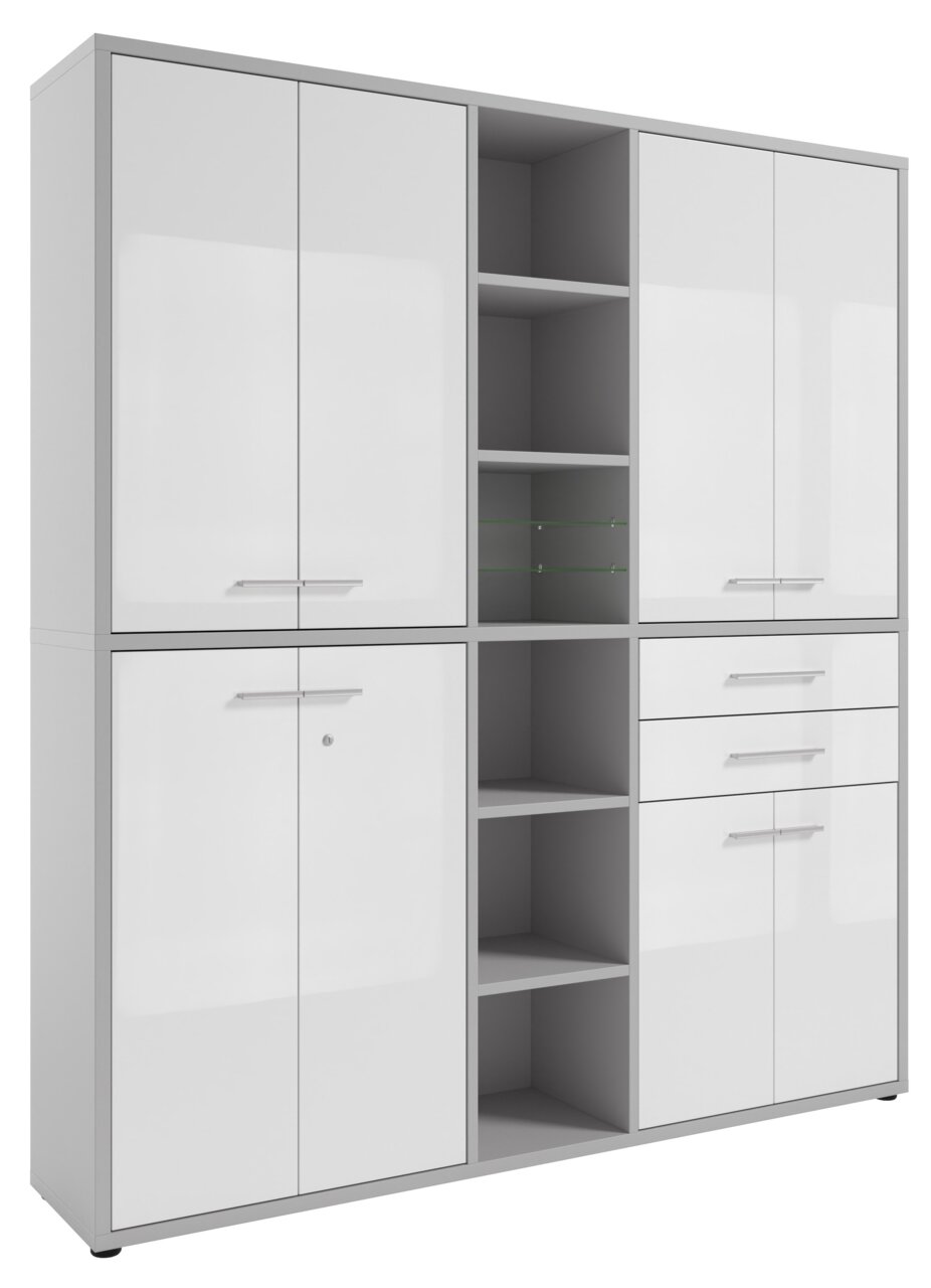 Manjana Home Office Kombination -Glas- TEXAS Hochglänzender weißer Aktenschrank mit mehreren Türen und offenen Regalfächern, frontal betrachtet.