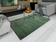 Grüner Uni-Teppich in einem modernen Wohnzimmer, von oben betrachtet, mit grauem Sofa und Couchtisch.