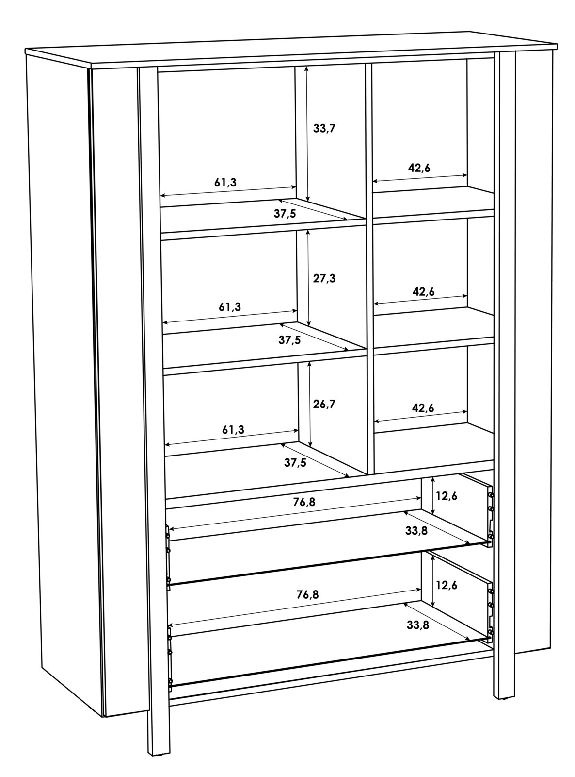 Technische tekening van een hoogkast met meerdere planken en lades, in perspectief weergegeven vanaf de linkervoorzijde.